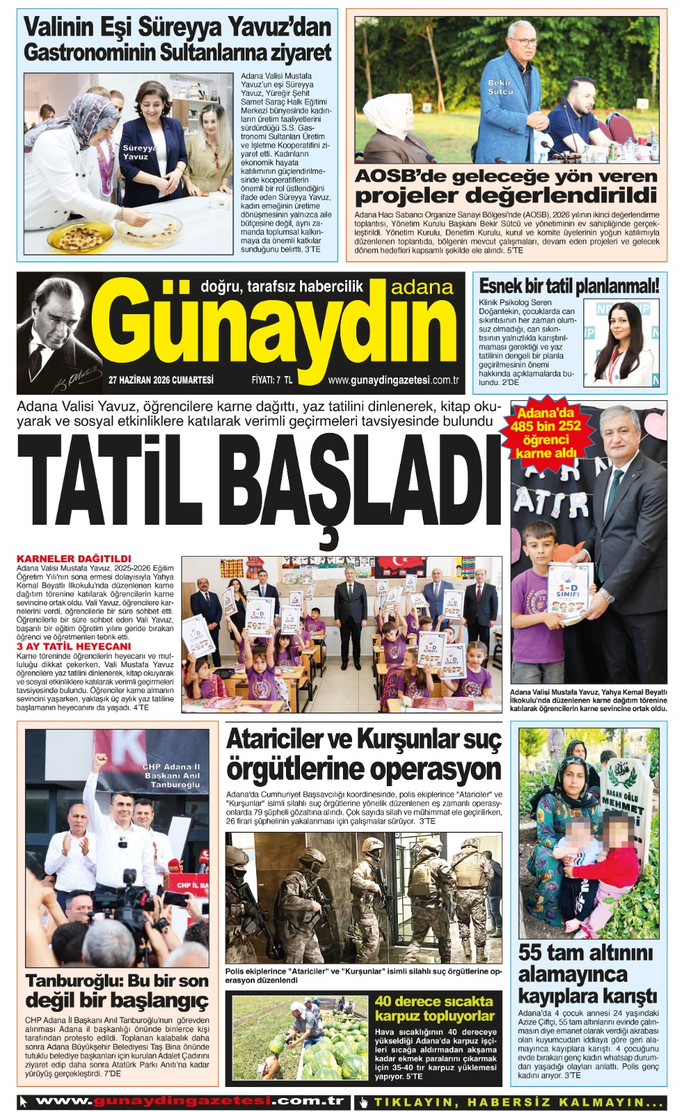 27 HAZİRAN 2026 GÜNAYDIN ADANA GAZETESİ